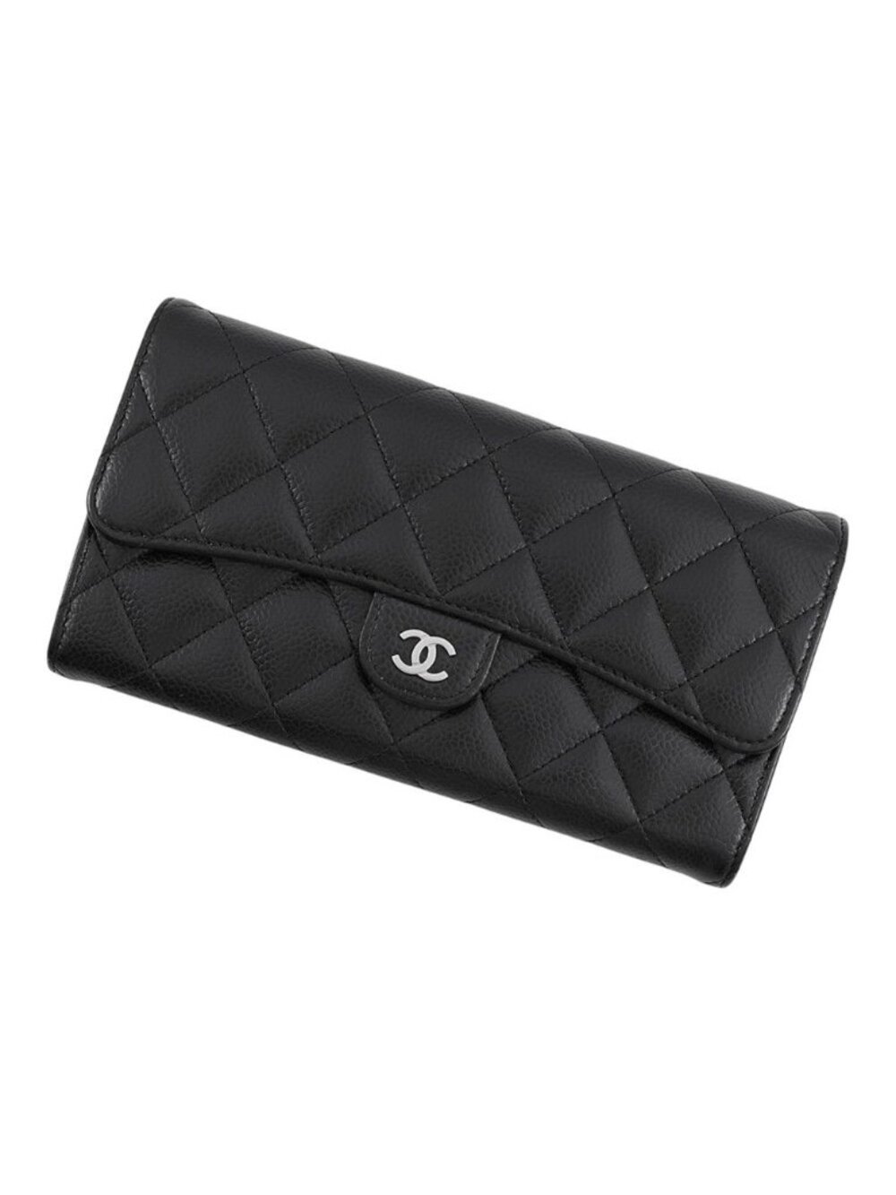 Chanel Wallet Classic Long Flap Quilted CC Logo Caviar Leather Black